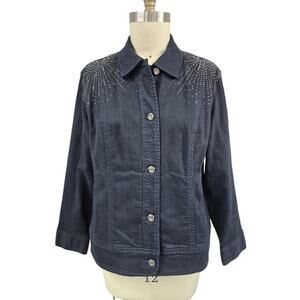 CHICO’S 3 Platinum Embellished BLING Black Denim Jacket XL w/ Rhinestones NWOT